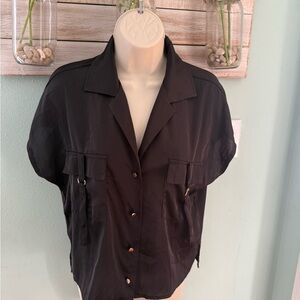 Black Boxy Button Down Shirt with Notched Collar